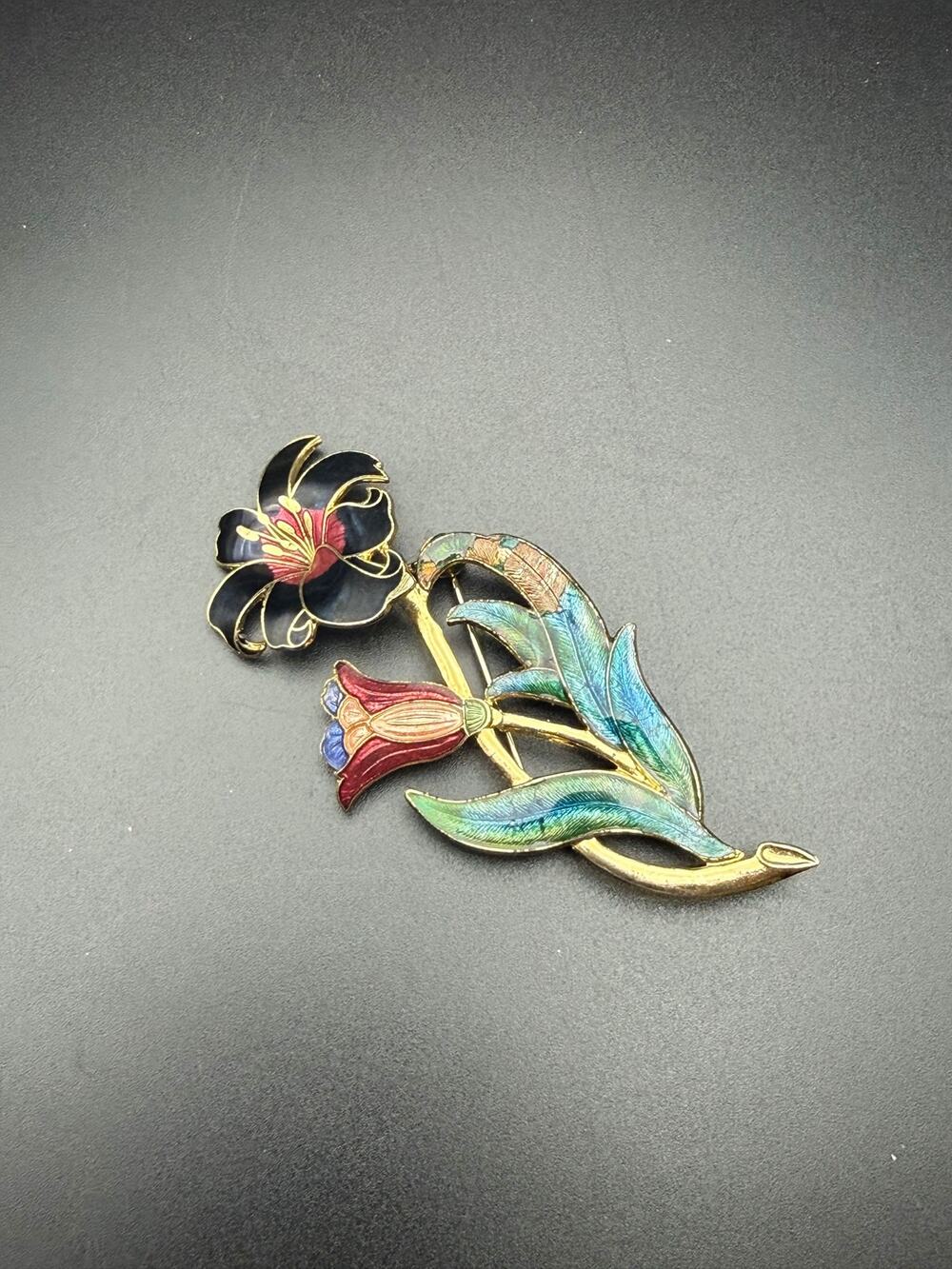 Vintage Brooch Art Nouveau Style Gold-Tone Enamel Flower Multicolor Cloisonné
